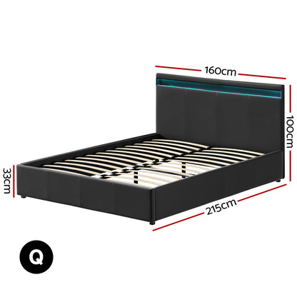 Serenova Cole LED Bed Frame PU Leather Gas Lift Storage - Black Queen