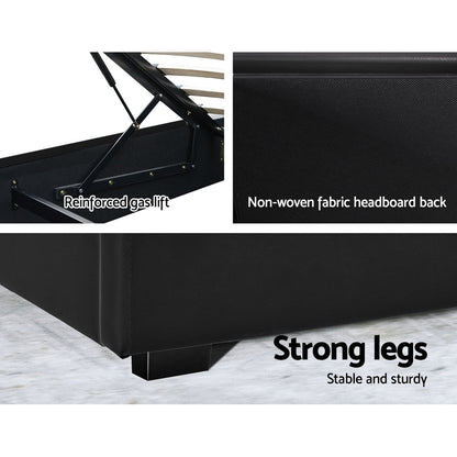 Serenova Cole LED Bed Frame PU Leather Gas Lift Storage - Black Queen