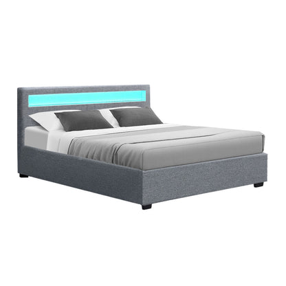 Serenova Cole LED Bed Frame Fabric Gas Lift Storage - Grey Queen