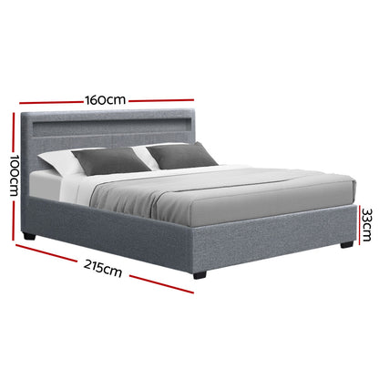 Serenova Cole LED Bed Frame Fabric Gas Lift Storage - Grey Queen