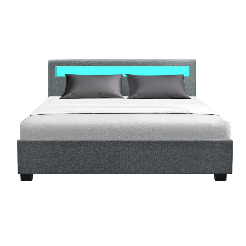 Serenova Cole LED Bed Frame Fabric Gas Lift Storage - Grey Queen