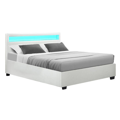 Serenova Cole LED Bed Frame PU Leather Gas Lift Storage - White Queen