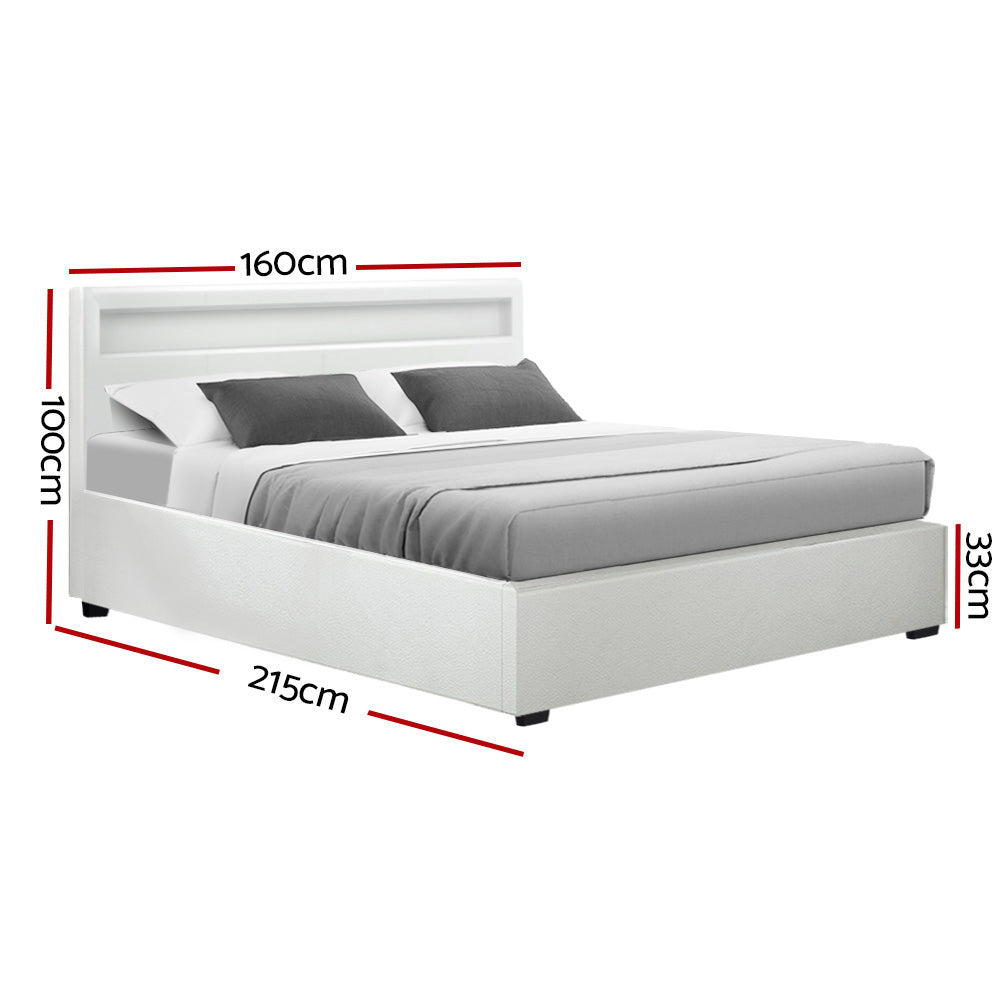 Serenova Cole LED Bed Frame PU Leather Gas Lift Storage - White Queen