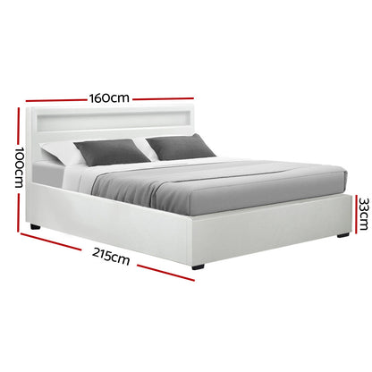 Serenova Cole LED Bed Frame PU Leather Gas Lift Storage - White Queen