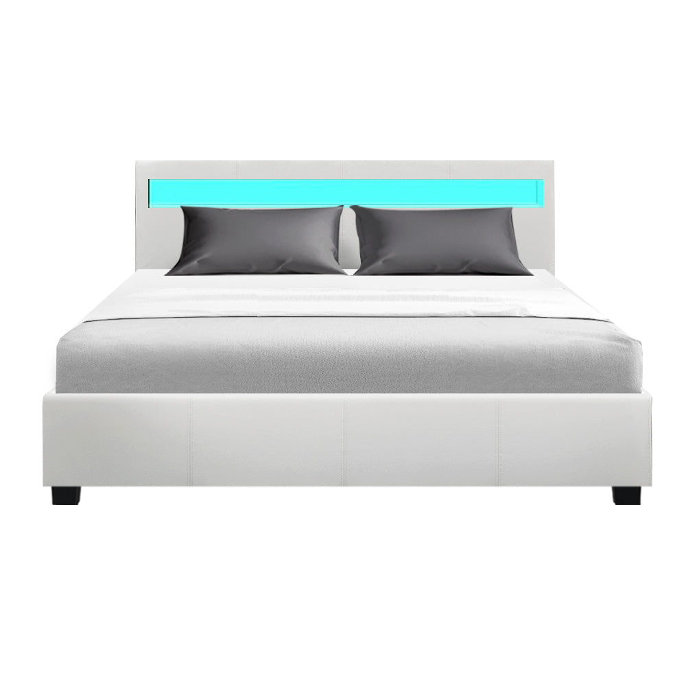 Serenova Cole LED Bed Frame PU Leather Gas Lift Storage - White Queen