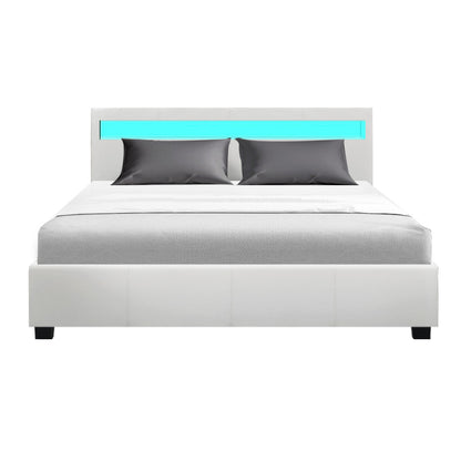 Serenova Cole LED Bed Frame PU Leather Gas Lift Storage - White Queen