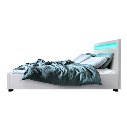 Serenova Cole LED Bed Frame PU Leather Gas Lift Storage - White Queen