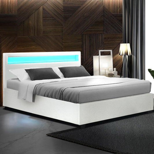 Serenova Cole LED Bed Frame PU Leather Gas Lift Storage - White Queen