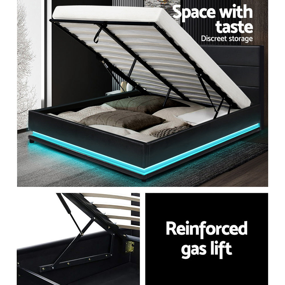 Henley LED Bed Frame PU Leather Gas Lift Storage - Black Double