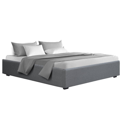 Ethnic Bed Frame King Size Gas Lift Base With Storage Platform Grey Fabric Geneva Collection