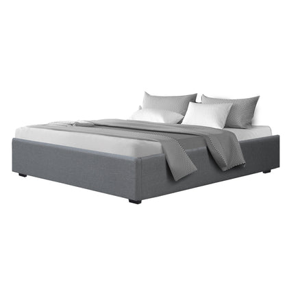 Ethnic Bed Frame King Size Gas Lift Base With Storage Platform Grey Fabric Geneva Collection