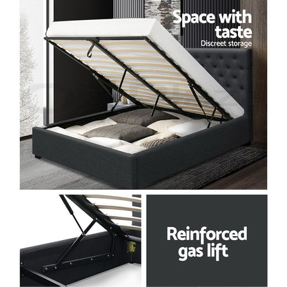 Brooklyn Bed Frame Double Size Gas Lift Base With Storage Charcoal Fabric