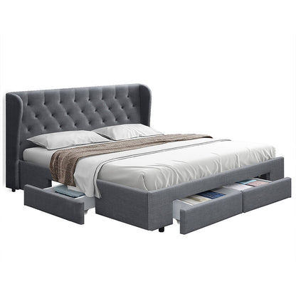 Avalon Bed Frame Queen Size Base With Storage Drawers Grey Fabric