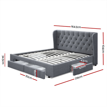 Avalon Bed Frame Queen Size Base With Storage Drawers Grey Fabric