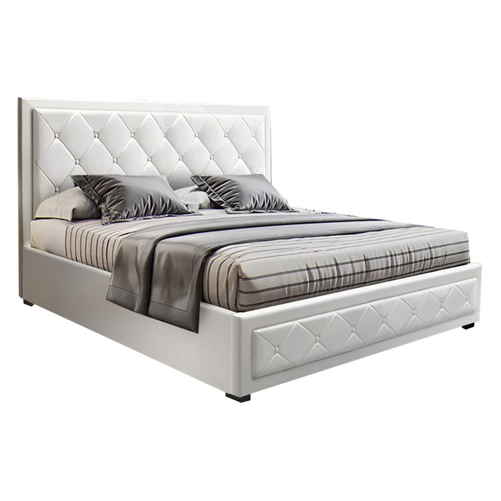 Heaven Bed Frame PU Leather Gas Lift Storage - White Double