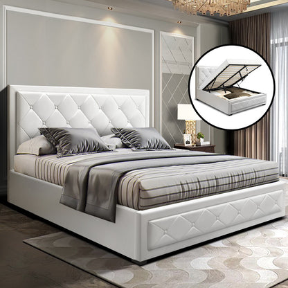 Heaven Bed Frame PU Leather Gas Lift Storage - White Double