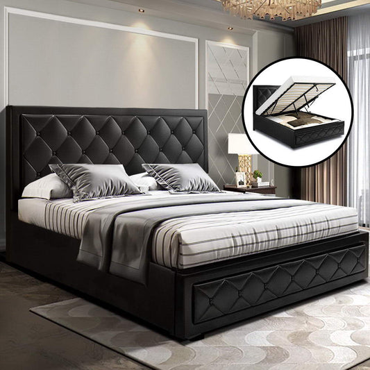 Berlin Bed Frame PU Leather Gas Lift Storage - Black Queen