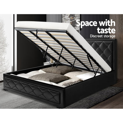 Berlin Bed Frame PU Leather Gas Lift Storage - Black King