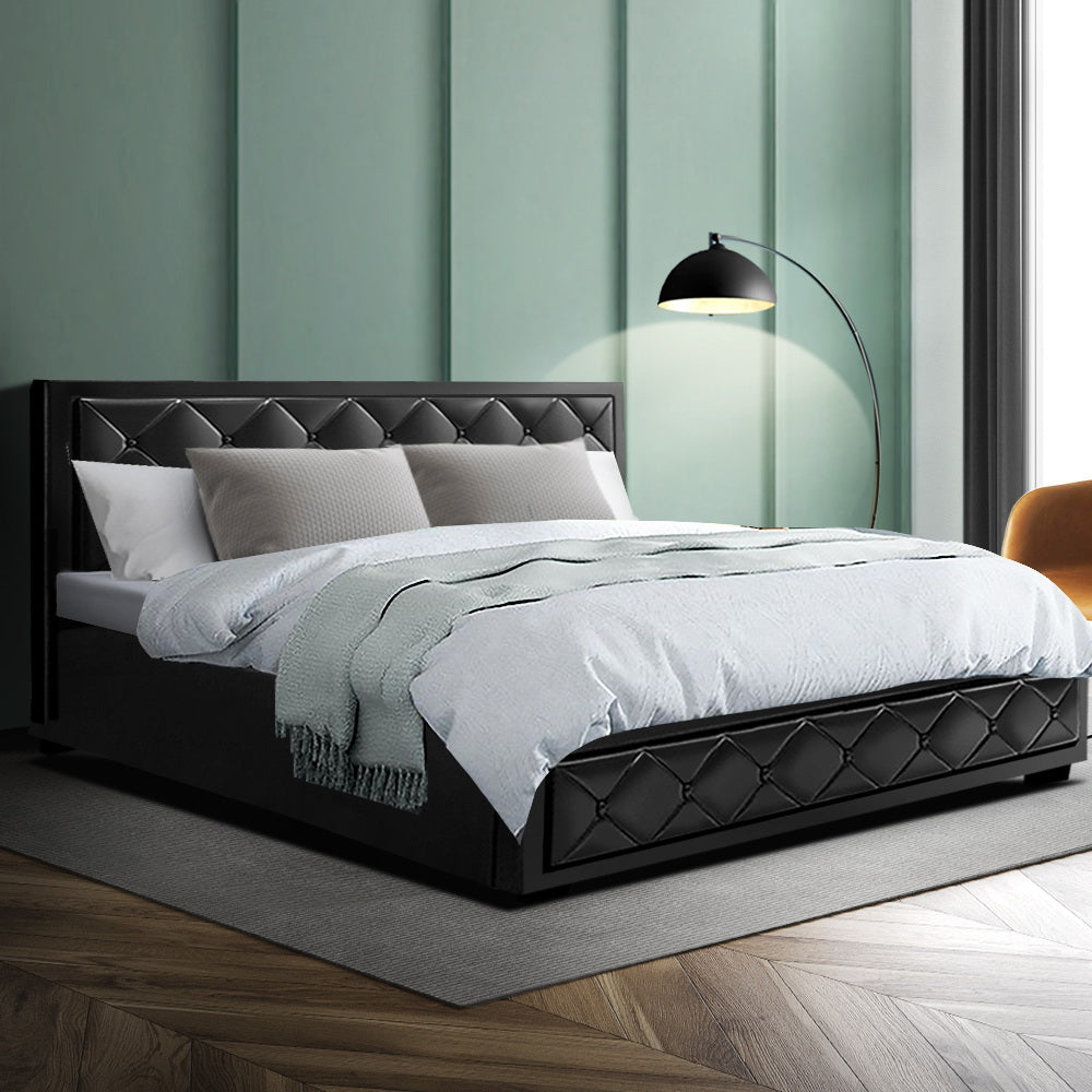 Berlin Bed Frame PU Leather Gas Lift Storage - Black King