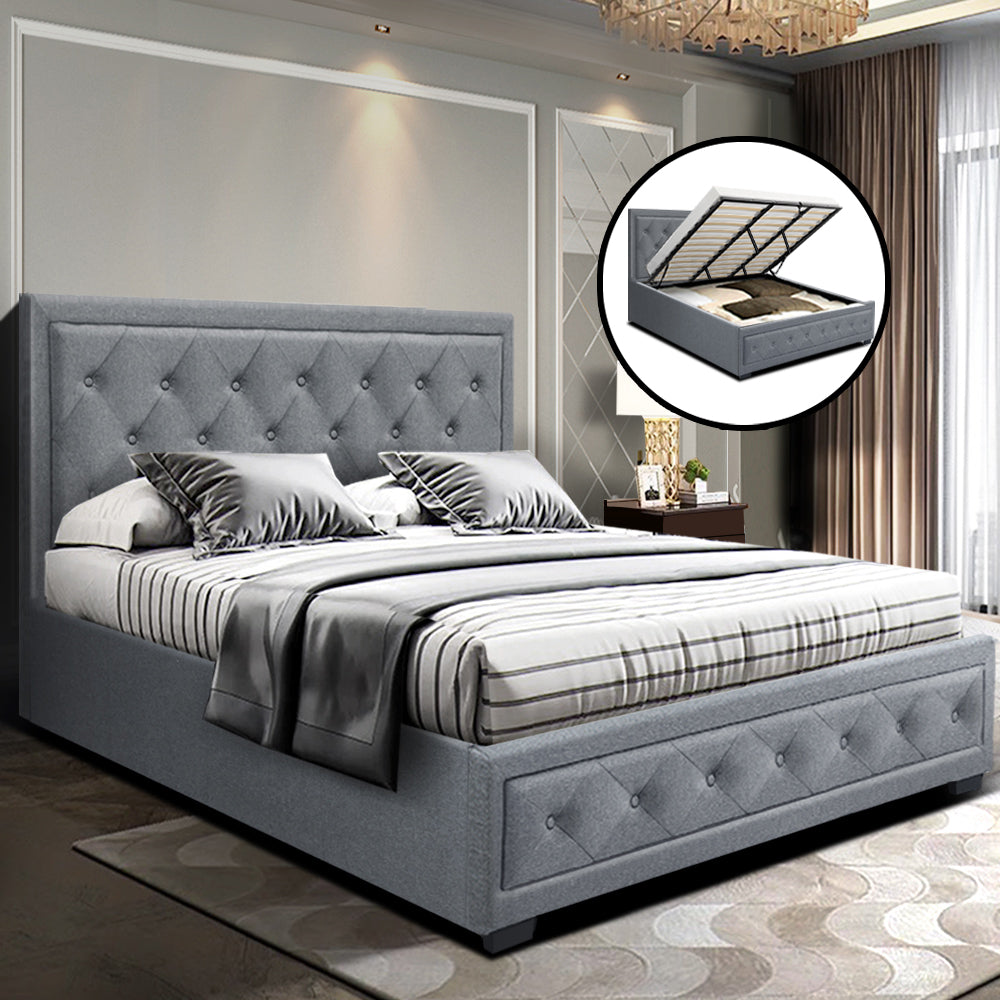 Berlin Bed Frame Fabric Gas Lift Storage - Grey King