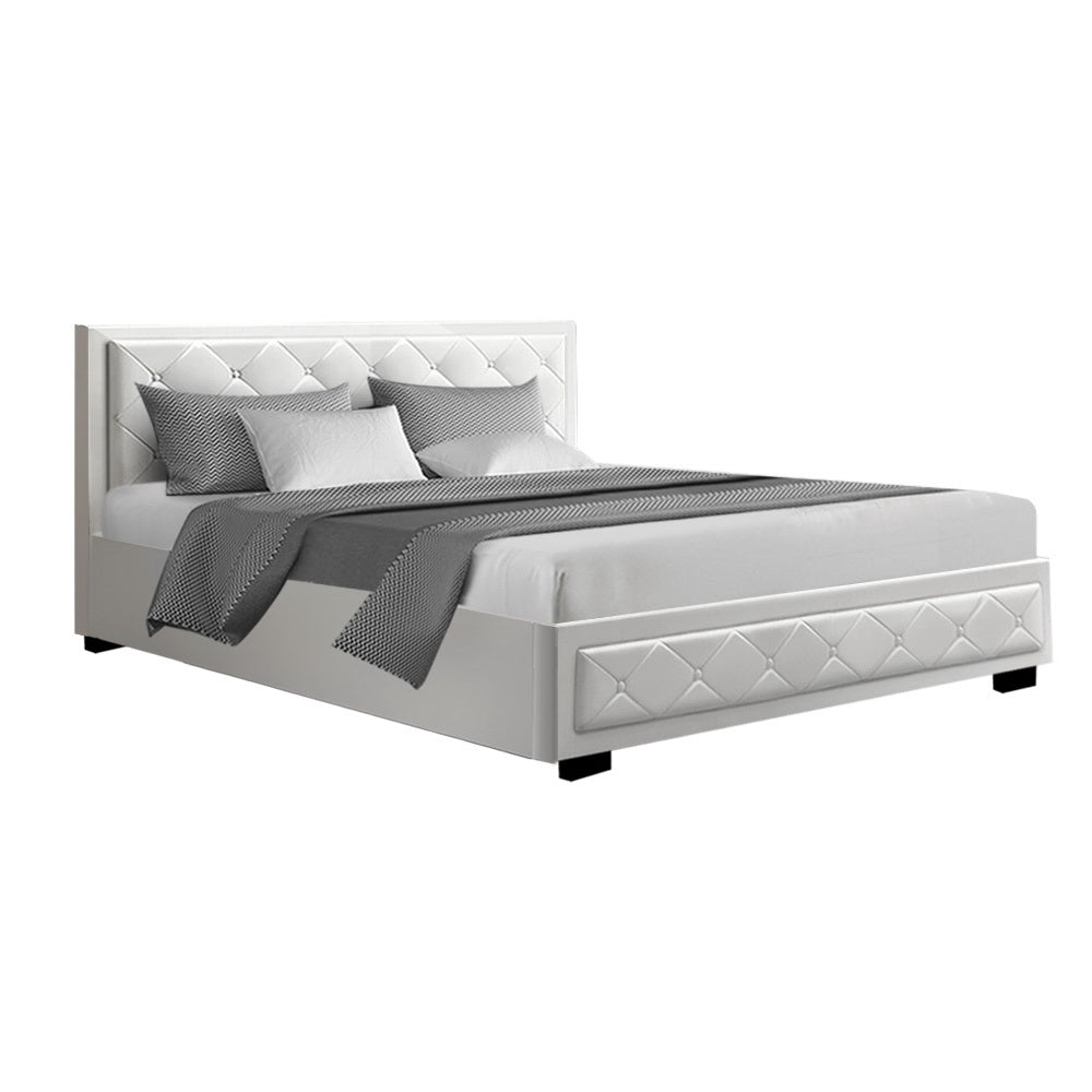 Heaven Bed Frame King Size Gas Lift Base With Storage White Leather