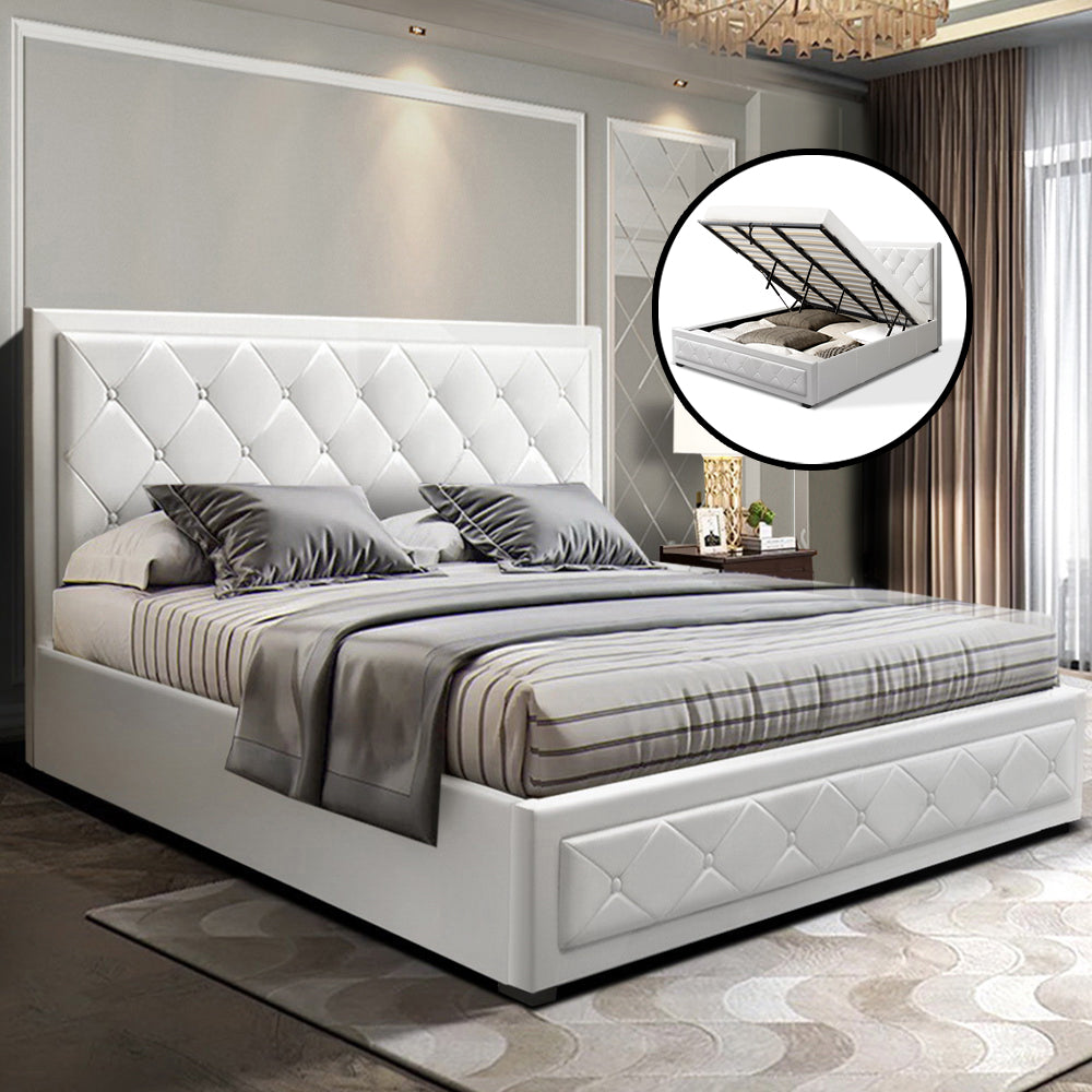 Heaven Bed Frame King Size Gas Lift Base With Storage White Leather