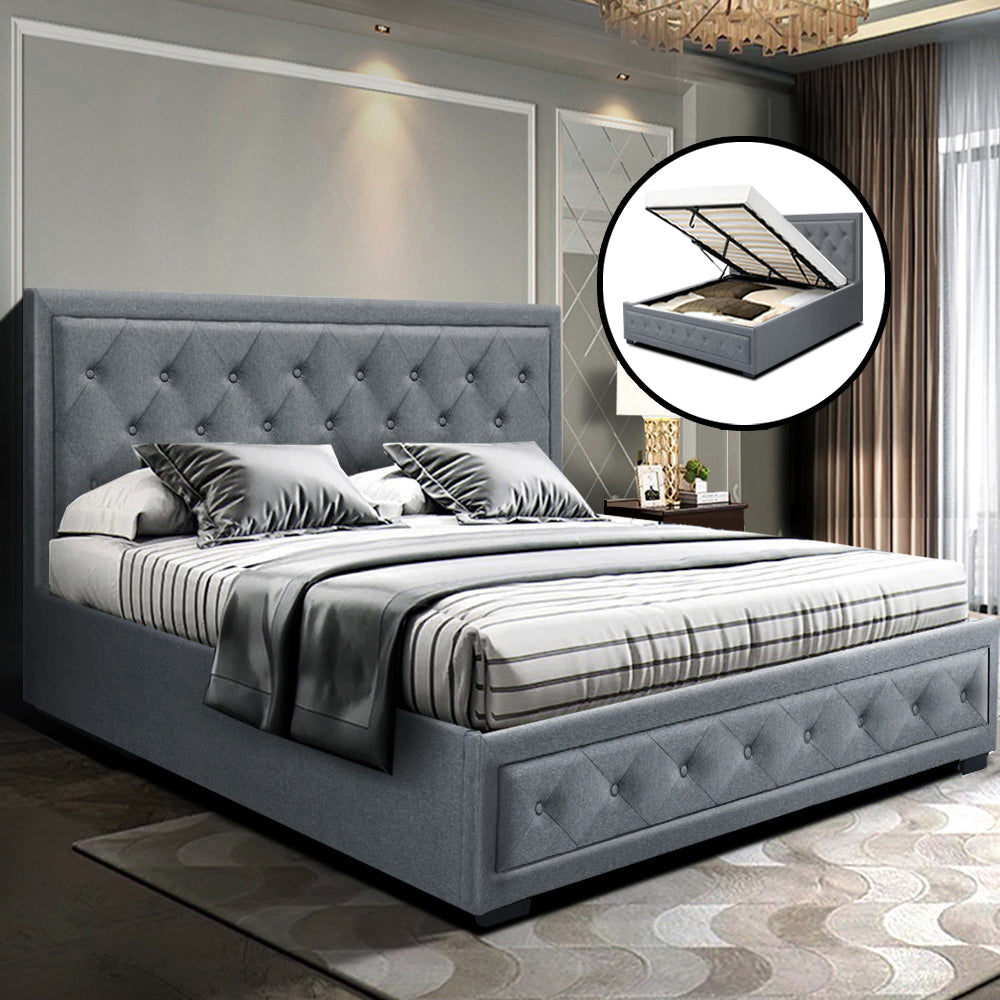 Berlin Bed Frame Fabric Gas Lift Storage - Grey Queen