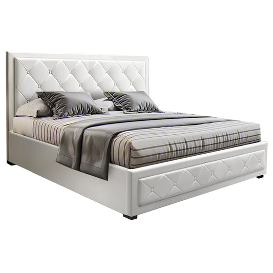 Heaven Bed Frame PU Leather Gas Lift Storage - White Queen