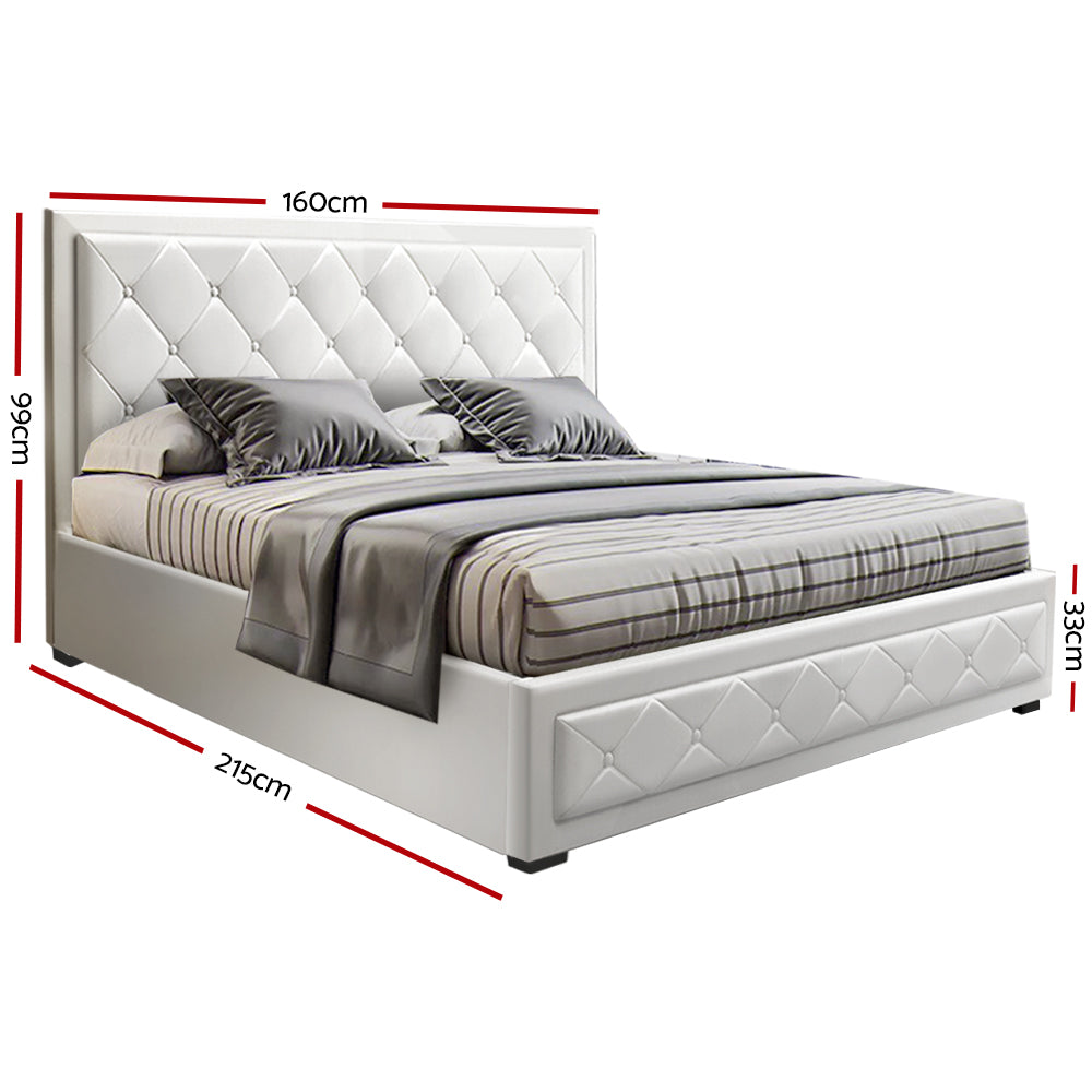 Heaven Bed Frame PU Leather Gas Lift Storage - White Queen