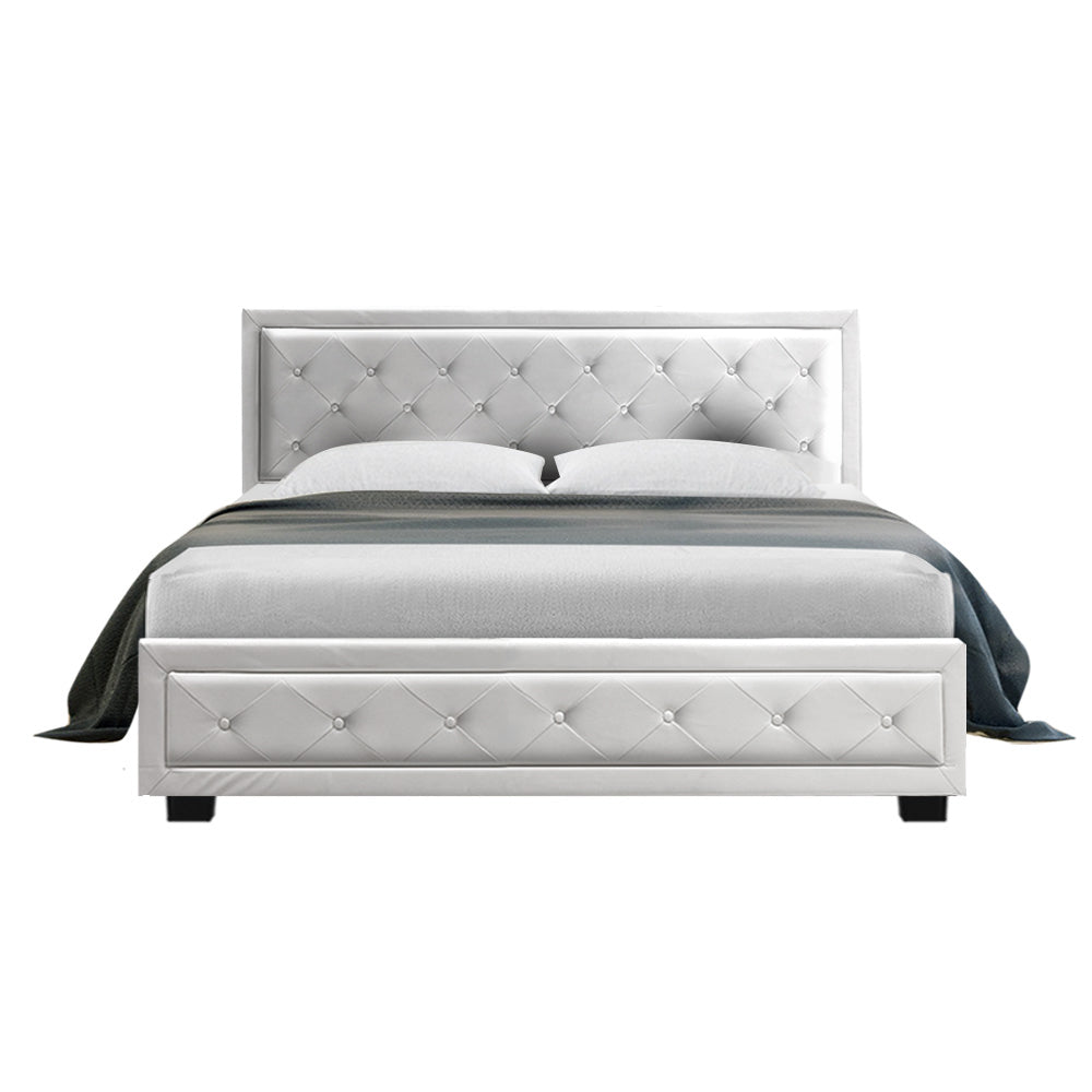 Heaven Bed Frame PU Leather Gas Lift Storage - White Queen