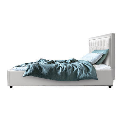 Heaven Bed Frame PU Leather Gas Lift Storage - White Queen