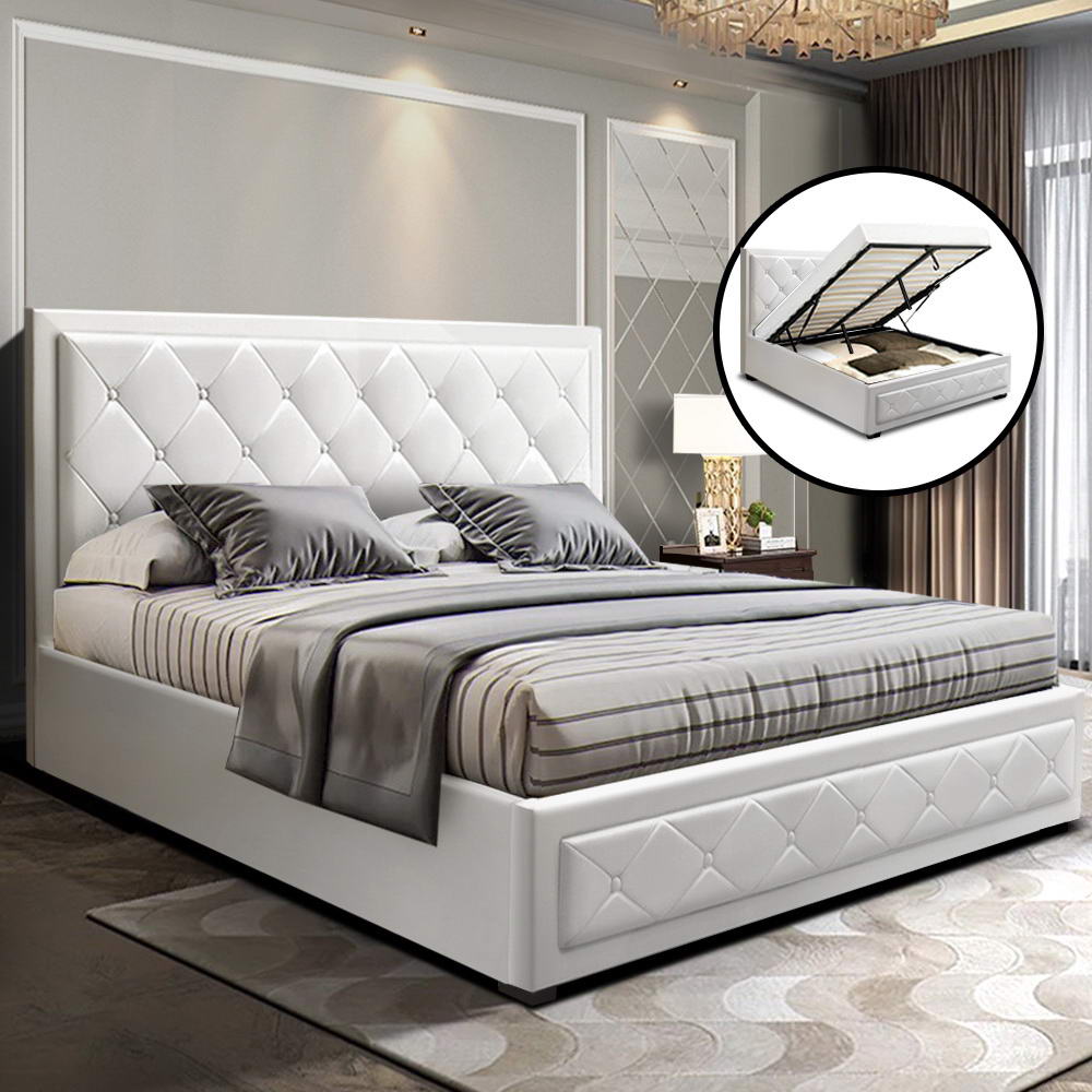 Heaven Bed Frame PU Leather Gas Lift Storage - White Queen