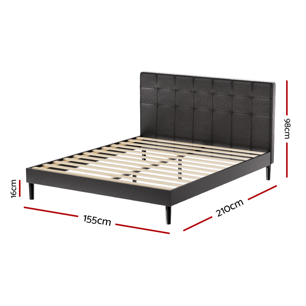 LED Bed Frame Queen Bed Base w LED Lights Charge Ports Black Leather RAVI