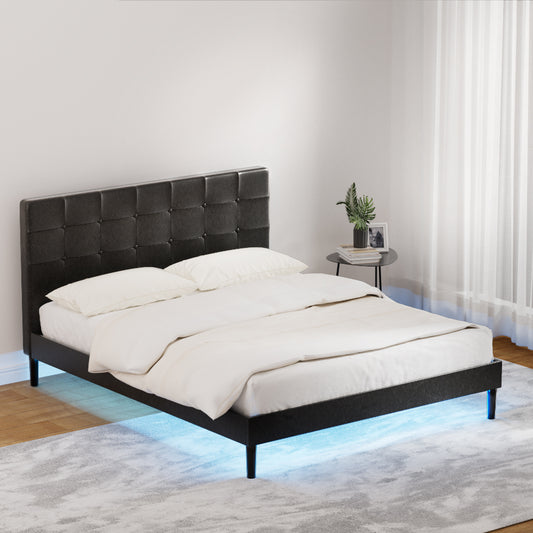 LED Bed Frame Queen Bed Base w LED Lights Charge Ports Black Leather RAVI