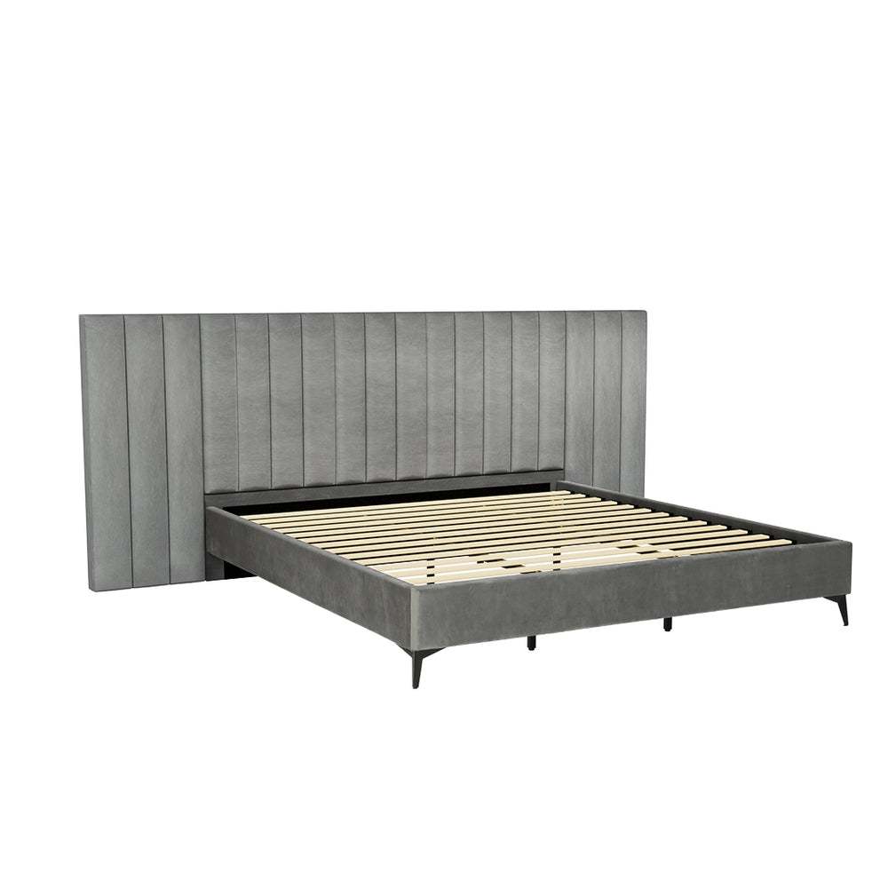 Neptune Bed Frame King Size Bed Base w Oversized Headboard Velvet Fabric Grey