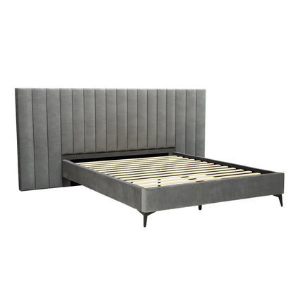 Berlin Bed Frame Queen Size Bed Base w Oversized Headboard Velvet Fabric Grey