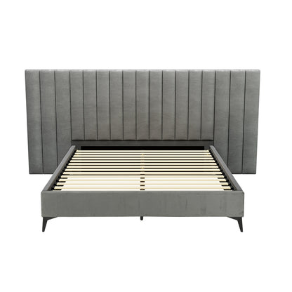 Berlin Bed Frame Queen Size Bed Base w Oversized Headboard Velvet Fabric Grey