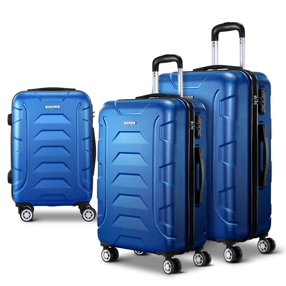 WanderWave 3pc Luggage Travel Sets Suitcase Trolley TSA Lock Blue