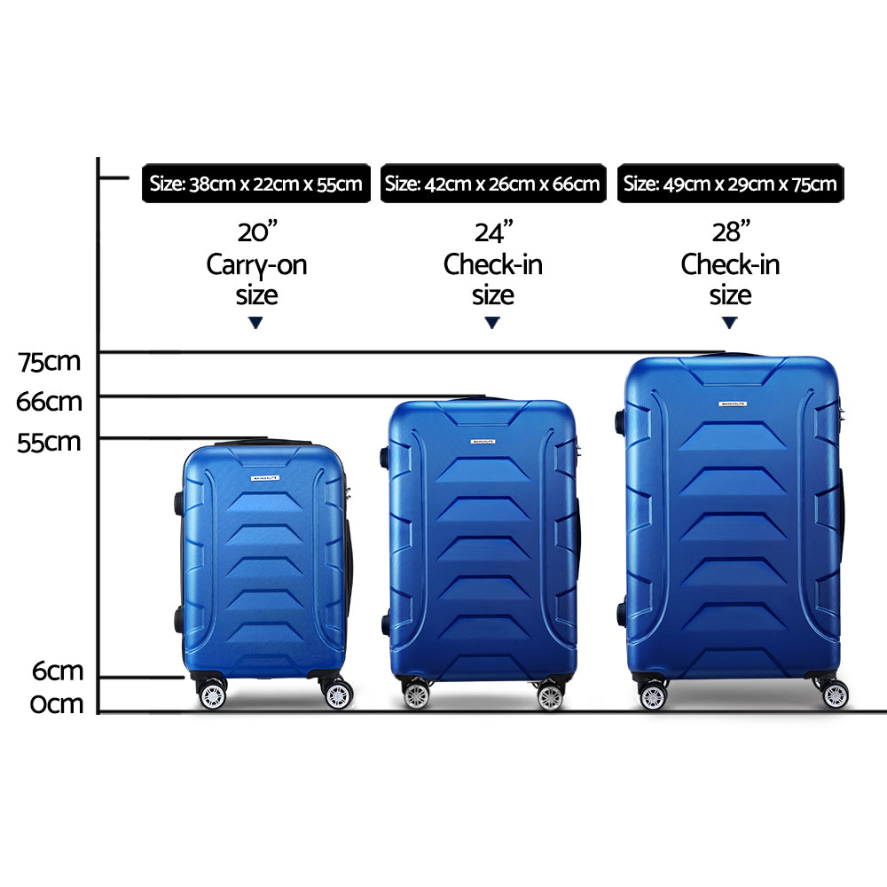 WanderWave 3pc Luggage Travel Sets Suitcase Trolley TSA Lock Blue