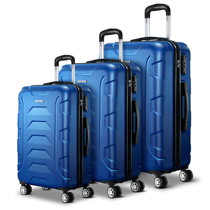 WanderWave 3pc Luggage Travel Sets Suitcase Trolley TSA Lock Blue