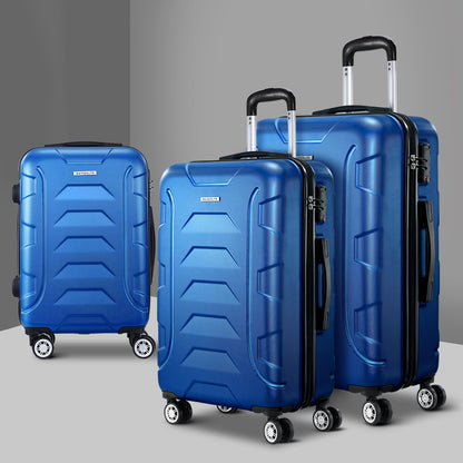 WanderWave 3pc Luggage Travel Sets Suitcase Trolley TSA Lock Blue