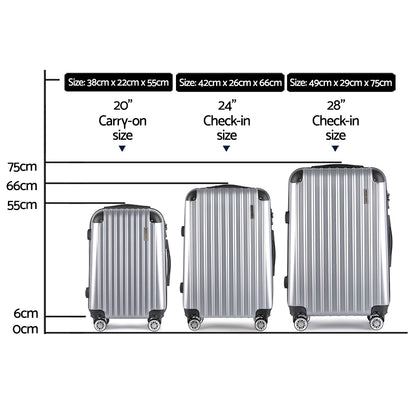 Swiss 3pc Luggage Sets Trolley Travel Suitcases TSA Hard Case Silver