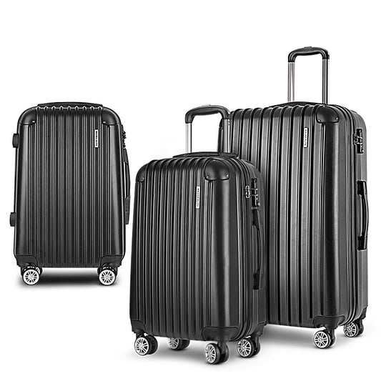 WanderWave 3pcs Luggage Trolley Set Travel Suitcase Hard Case Carry On Bag Black