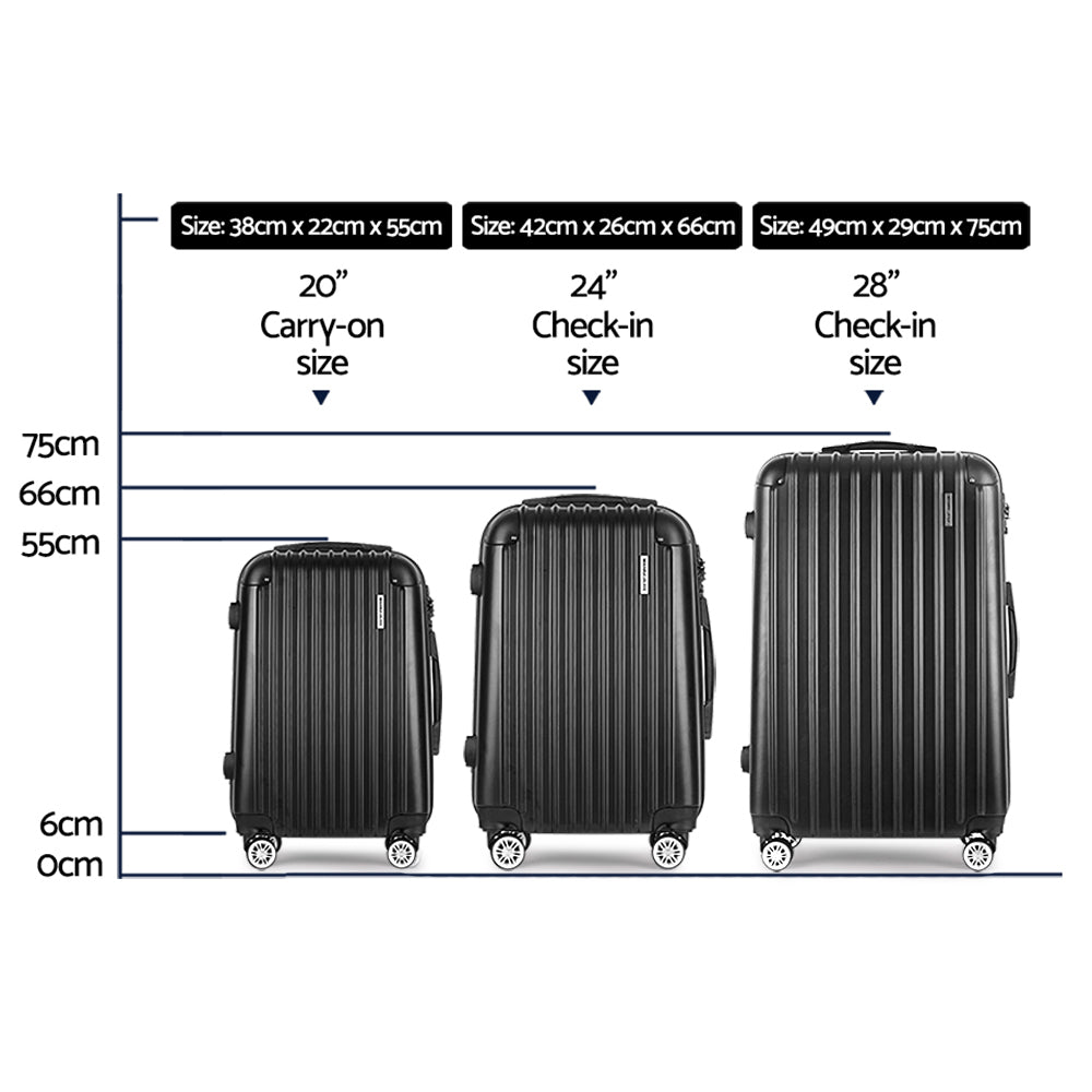 WanderWave 3pcs Luggage Trolley Set Travel Suitcase Hard Case Carry On Bag Black