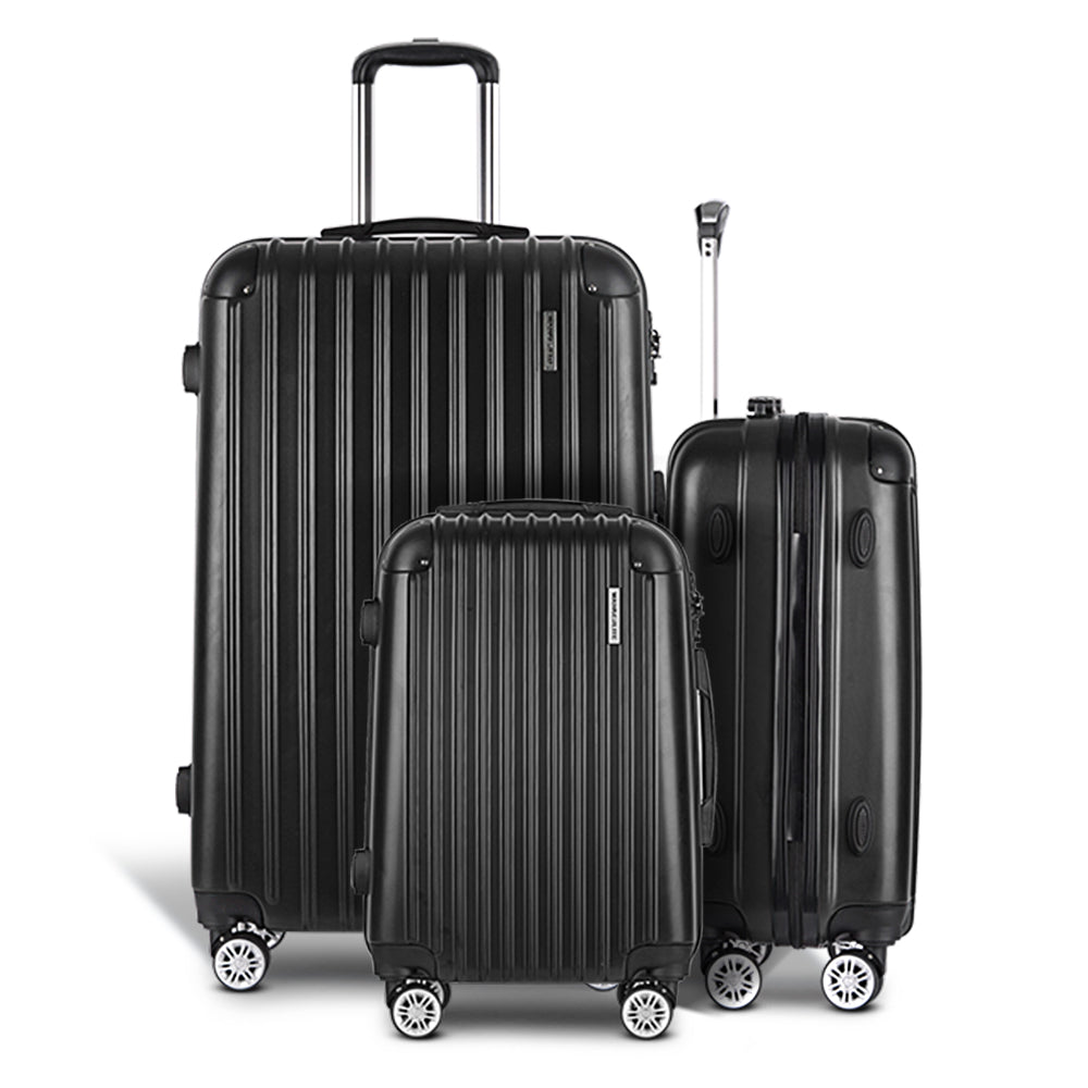 WanderWave 3pcs Luggage Trolley Set Travel Suitcase Hard Case Carry On Bag Black