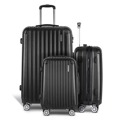 WanderWave 3pcs Luggage Trolley Set Travel Suitcase Hard Case Carry On Bag Black