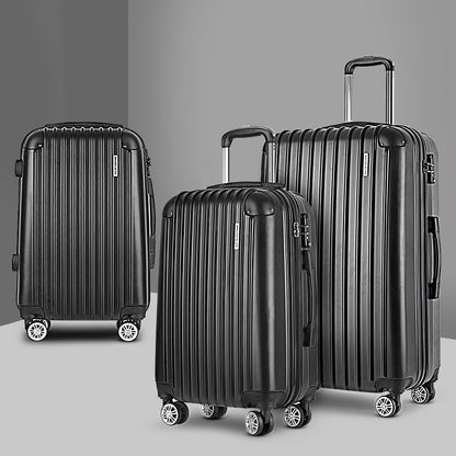 WanderWave 3pcs Luggage Trolley Set Travel Suitcase Hard Case Carry On Bag Black