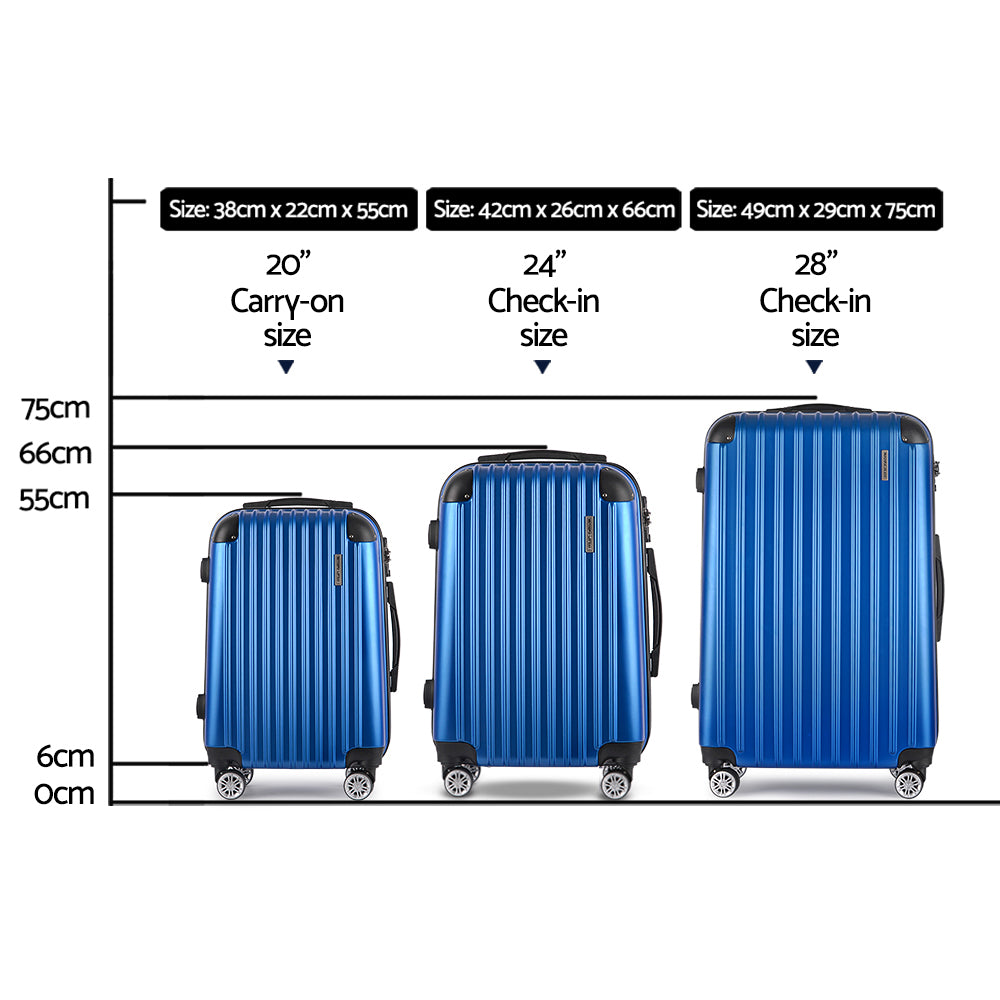 Swiss 3pcs Luggage Trolley Set Travel Suitcase Hard Case Carry On Bag Blue