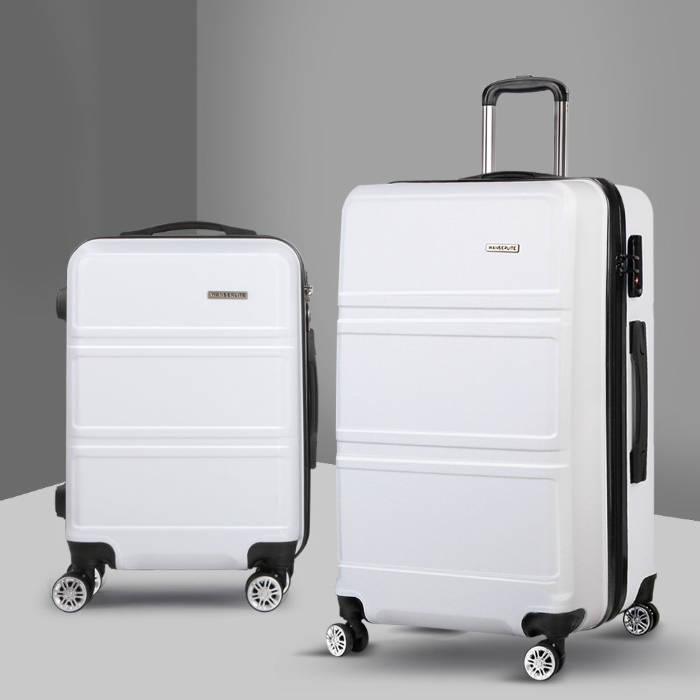 WanderWave 2pc Luggage Trolley Set Suitcase Travel TSA Hard Case White