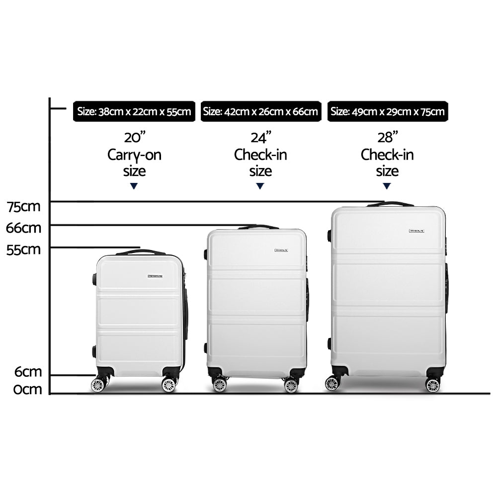 WanderWave 3pc Luggage Trolley Set Suitcase Travel TSA Hard Case White